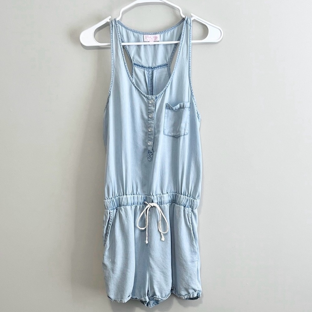 Pink Lily Chambray Sleeveless Button Romper